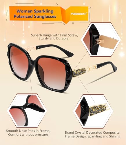 FEISEDY Polarized Women Square Sunglasses Sparkling Composite Shiny Frame B2289 - color: Black/Brown