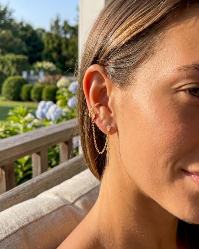 MUMREUES Gold Earrings for Women Trendy 14K Gold Plated Dangle Earrings Small Hoop Huggie Drop Stud Earrings Cubic Zirconia Simple Minimalist Dainty Chain Tassel Hypoallergenic Earrings - color: Ear Cuff & Gold