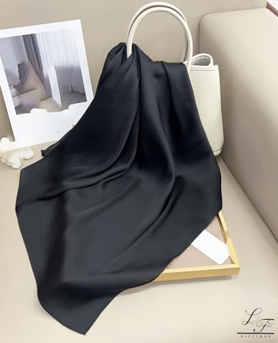 Hioyiwse Satin Square Scarf for Women Solid Color Emulation Silk Handkerchief Hair Ribbon Headband Handbag Purse - color: D3-black(23.6*23.6inch)