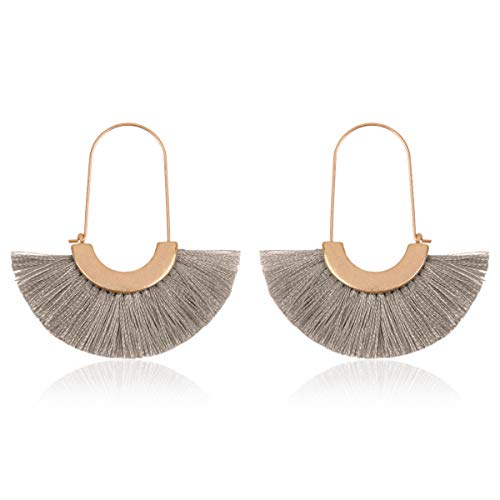 Bohemian Silky Thread Tassel Strand Fringe Statement Hoop Earrings - Lightweight Semi Circle Fan Threader, Mermaid Hoops - color: Fan Tassel Threader - Gray