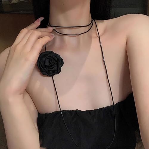 OIDIMS Rose Flower Jewelry Set for Women Classic Velvet Camellia Satin Flowers Choker Necklace Sexy Charms Floral Earring Bracelet for Party Bride Wedding Party Summer Holiday Necklaces - color: Black