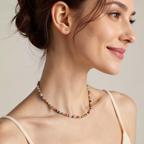 Beaded Gemstone Necklaces for Women Colorful Boho Choker Necklace Beauty And Spirit For Women (blue-silver) - color: mix-pink