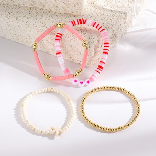 Caiyao Bohemia Multilayer Heart Imitation Pearl Beaded Stackable Bracelets Set Colorful Surfer Heishi Clay Gold Beads Stretch Bracelets for Women Men Summer Beach Boho Vacation Jewelry Gifts - color: Z-pink