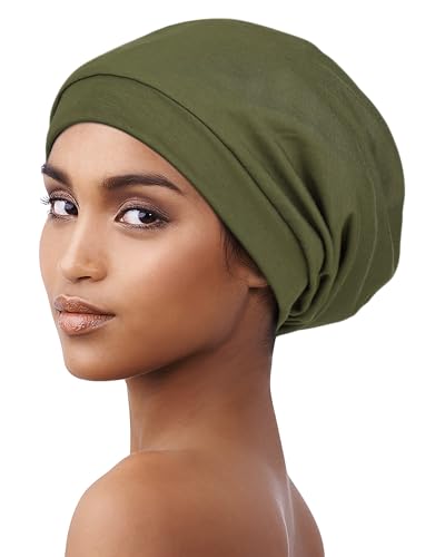 Satin Lined Beanie for Natural Hair Thin Beanie Hats for Girls Head Cover - color: Olive Green