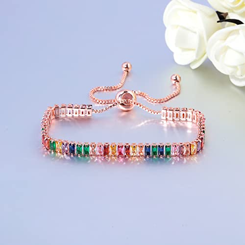 CiNily Adjustable Tennis Bracelets for Women Teen Girls Rainbow Cubic Zirconia Bracelet 14K White Gold Plated Hypoallergenic Slider Bracelet Jewelry Gift - color: Adjustable-Square Rose Gold
