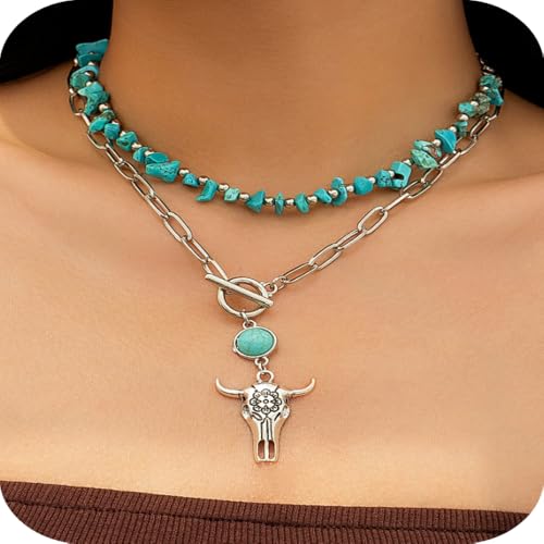 Fuqimanman2020 Boho Layered Western Necklaces for Women Cowgirl Cactus Turquoise Beaded Ox-head Hat Pendant Country Concert Jewelry - color: B