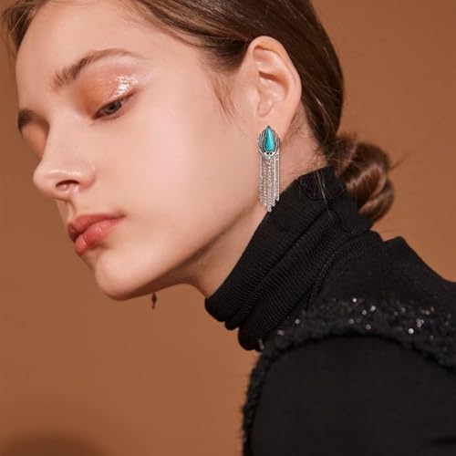 Boho Turquoise Drop Earrings Retro Long Copper Feather Tasse Metal Leaf Dangle Earrings Vintage Country Western Jewelry Cowgirl Ethnic Style Geometric Concert Festival Accessories for Women - color: Silver