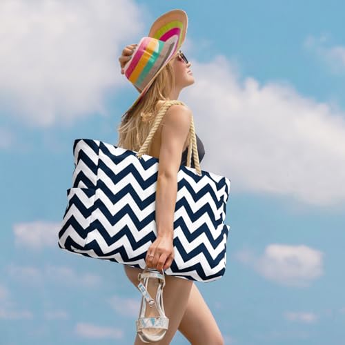 Becokan Beach Bag Large Beach Tote Bag for Women Waterproof Sandproof Swim Pool Bag With Zipper - color: Dark Blue Wave