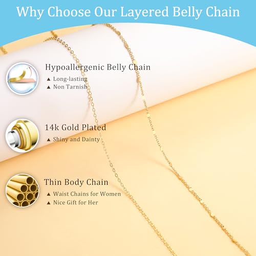 CHESKY 14K Gold Plated Silver Plated Waist Chain for Women, Layered Belly Belt Chains Beach Waist Beads Chain Waterproof Snake Cuban Body Chain Summer Jewelry Accessories for Women - style: thinchain-gd