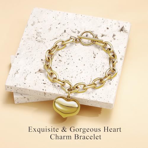 Emibele Heart Charm Bracelet for Women, Bible Verse Bracelet Stainless Steel 18K Gold Plated Bracelet Love Pendant Link Chain OT Clasp, Birthday Christmas Jewelry Gift for Mother Her - color: B Gold