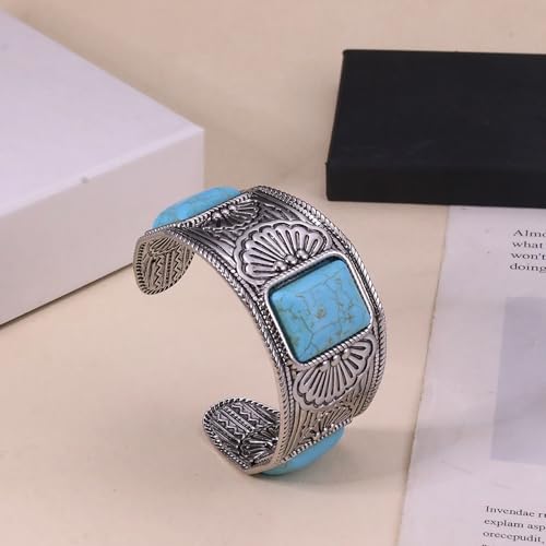 Western Bracelets for Women Vintage Chunky Turquoise Cuff Bracelet Turquoise Country Bracelets Adjustable Boho Cuff Bracelet Western Country Costume Jewelry Accessories - style: Silver Square