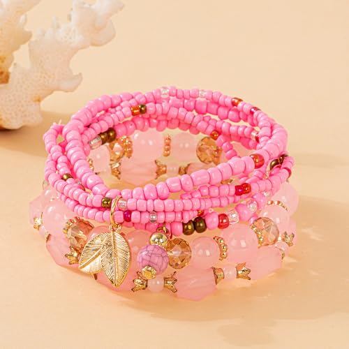 Caiyao 4Pcs Bohemia Multilayer Stackable Beaded Bracelets Set Colorful Crystal Stone Gold Beaded Stretch Bracelets Hawaii Charm Bracelet for Women Men Summer Beach Boho Vacation Jewelry Gifts - color: 7pcs pink