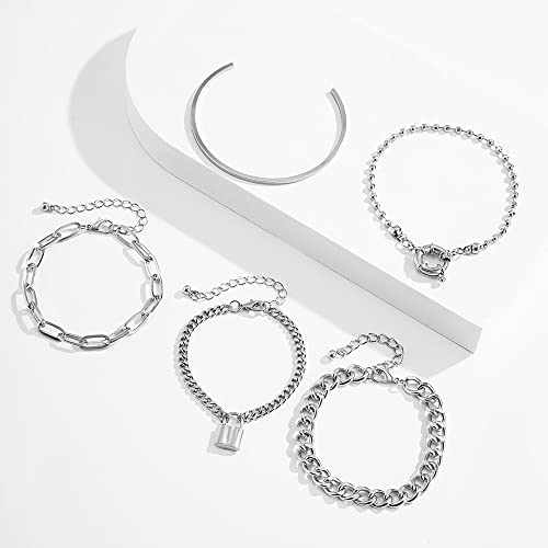 Boho Fashion Dainty Boho Gold Silver Chain Stackable Lock Bracelets Set for Women Adjustable Beaded Chunky Flat Cable Chain Punk Bracelets Jewelry for Women Gift Set of 5 - color: Silver