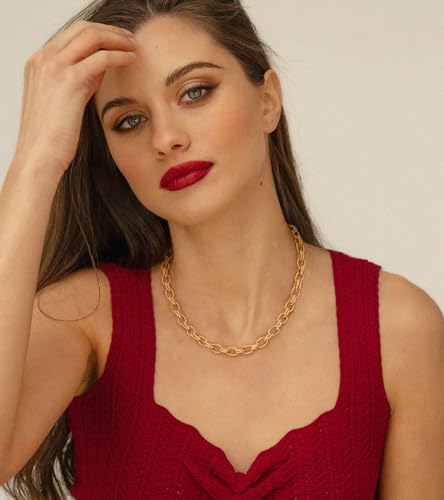 Aobei Pearl 18K Gold Plated Paperclip Chain Choker Satellite Chain Freshwater Cultured Biwa Pearl Pendant Necklace Dainty Turquoise Jewelry for Women - color: Chunky Elliptical Chain