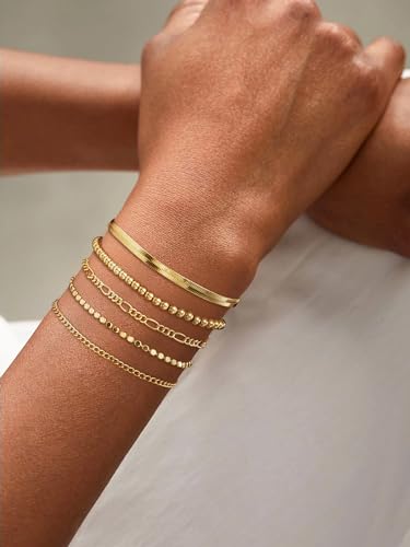 Dearmay Gold Bracelets for Women Waterproof, 14K Gold Plated Minimalist Bracelets Stack Non Tarnish Trendy Dainty Herringbone Vintage Cuban Paperclip Rope Thin Box Link Chain Stackable Jewelry Sets Modern Fashion Accessories Gifts for Womens - style: 5Pcs