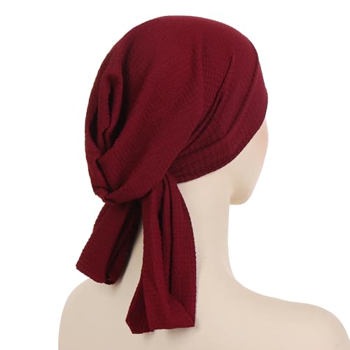 YYAOJHAO Pre Tied Bandanas Headscarf for Women - Solid Wave Chemotherapy Caps Headwrap Chemo Turban Headwear Hats - color: Wine