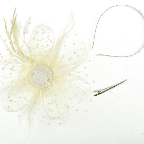 DRESHOW Fascinators Hat Flower Mesh Ribbons Feathers on a Headband and a Clip Tea Party Headwear for Girls and Women - color: 7" Diameter / Beige