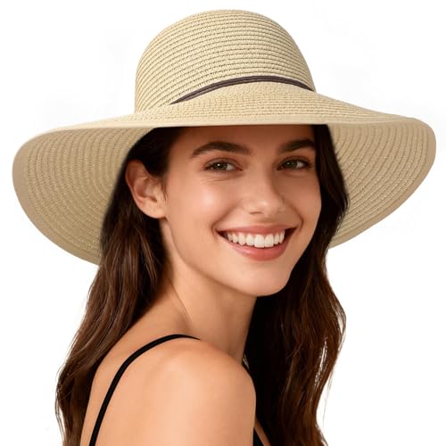 Sun Hats for Women, Straw Hats UPF 50+ Sun Protection, Wide Brim Womens Beach Hat for Summer Travel - color: Beige