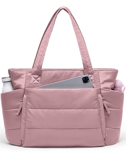 Tote Bag for Women with Zipper, Quilted Puffer Tote Bag with Compartments, Lightweight Puffy Work Bags for Women Travel - color: Mauve Pink