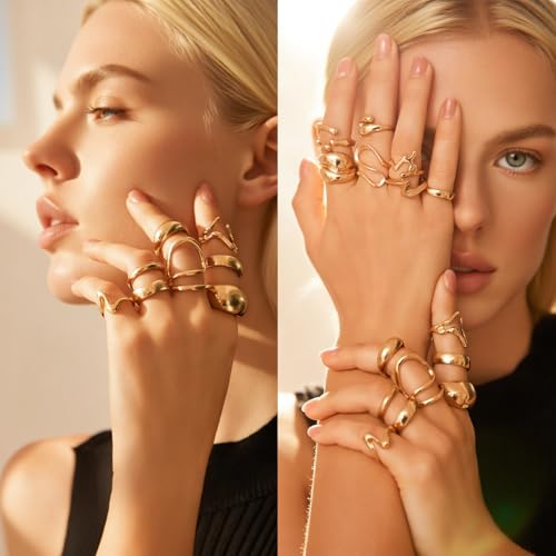 IFKM Gold Chunky Rings Set for Women 14k Gold Plated Thick Dome Stackable Open Rings Trendy Dainty Minimalist Jewelry Gifts - color: Gold, style: Irregular