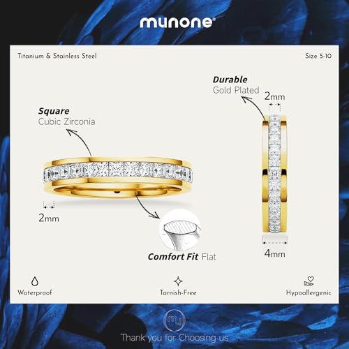 Channel Set Cubic Zirconia Eternity Band Rings for Women Men | 18k Gold Plated Cubic Zirconia,Minimalist Non Tarnish Hypoallergenic Wedding Band Stackable Ring - color: Gold-4mm