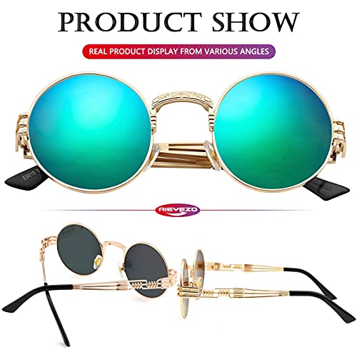 AIEYEZO Round Steampunk Sunglasses for Men Women Retro Circle Hippie Glasses Metal Frame 100% UV Blocking Lens - color: Gold/Green Mirror