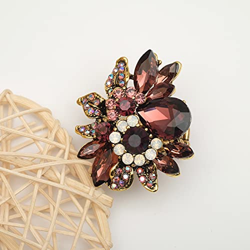 CSY Luxury Women's Austrian Crystal Leaves Flower Big Cocktail Statement Rings Stretch Adjustable Ring Jewelry Accessories - color: Purple
