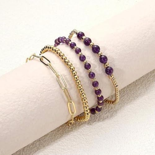 Dainty 14K Gold Crystal Beaded Bracelet Stack for Women,4PCS Cute Ball Purple Gemstones Beads Paperclip Link Stackable Bracelets Set Fashion Festival Birthday Accessories Outfit Jewelry Gift