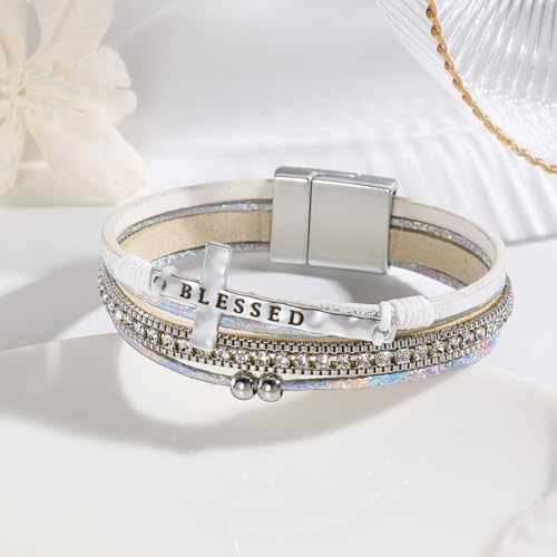 VIBILIA Boho Leather Wrap Bracelets for Women Men Multi-Layer Bracelets with Strong Clasp Western Jewelry - color: 11-Cross-White