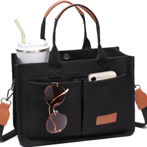 ZHMO Canvas Tote Bag for Women,Women's Bags Crossbody Bags Work Laptop Tote Bag Large Handbags Purse for Travel Nurse Teacher - color: Canvs Demure Black With Compartments
