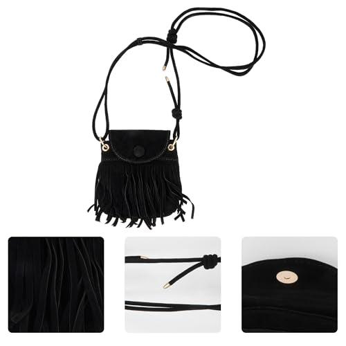 Women Leather Fringe Messenger Bag Mini Hobo Crossbody Tassel Shoulder Bags - color: Suede Black