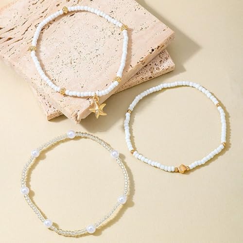 Gold Starfish Anklets for Women Seashell Ankle Bracelet Boho Stack Stretch Beaded Anklet Set Summer Beach Jewelry - style: A Style