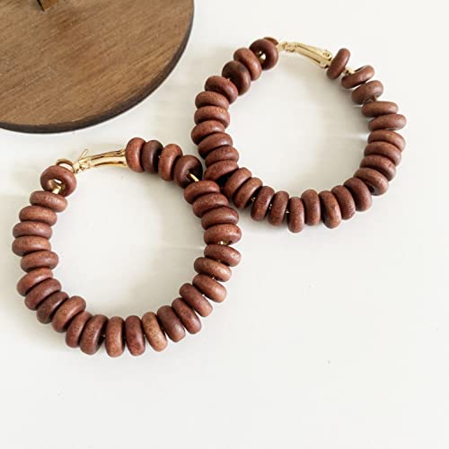 Handmade Nature Wooden Beaded Hoop Earrings Bohemian Minimalist Colorful Circle Round Wood Bead Earrings Vintage Chic Wooden Ethnic Dangle Drop Earrings for Women Statement Jewelry Gifts - color: Brown 4