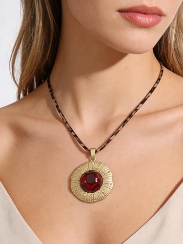 GelConnie Leather Necklace for Women Round Wooden Pendant Long Leather Choker Vintage Sweater Necklace Gold Chunky Boho Necklaces for Women - style: Chunky Gold Boho Necklace