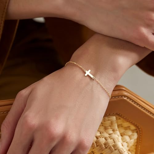Tewiky Waterproof Gold Bracelets for Women Non Tarnish - Dainty Stack 14K Gold Plated/Sterling Silver Chain Bracelets Set Adjustable Trendy Jewelry for Women - style: gold cross bracelet