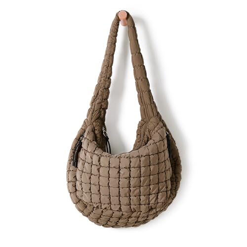 ODODOS Quilted Carryall Tote Bag for Women Crossbody Hobo Lightweight Padding Shoulder Bag - color: Brown