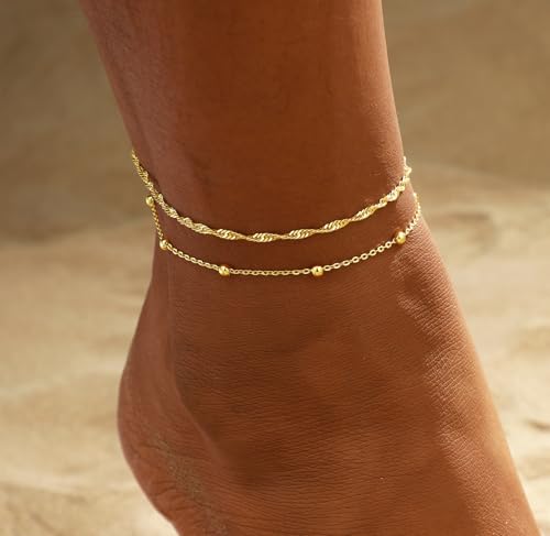 2/3 PCS Gold Anklets for Women Waterproof Cuban Link Anklet Beaded Bracelets Stackable Bracelets 14K Gold Plated Custom Jewelry Gifts Non Tarnish Lightweight - style: Gold Anklet 03