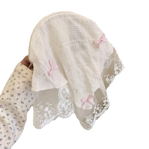 Women's Lace Bandana Headband, Vintage Gingham Triangle Scarf with Bow, French Retro Style for Boho Chic & Casual Outfits (3-White lace, One Size) - color: 3-White lace