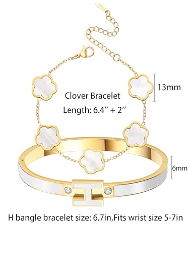 H Bangle & Clover Bracelet for Women - Stainless Steel Fashion Jewelry - 18K Gold Plated H Bangle and Lucky Five Leaf Clover Bracelet - Elegant Bracelets Set - Gift for Women - color: Gold-White Set