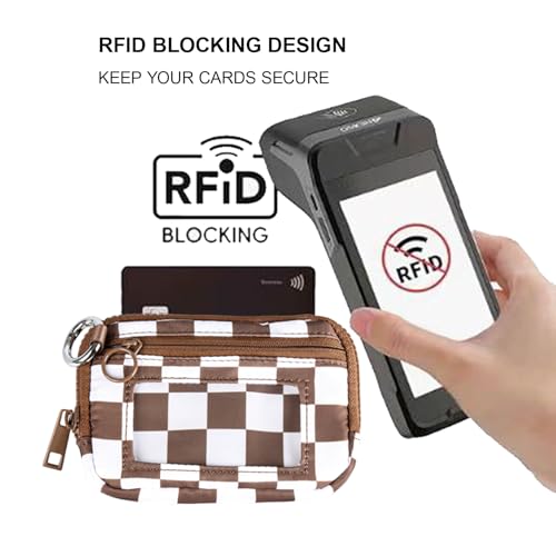 Wristlet Wallet for Women Mini Zip Card Case with Clear ID Window Zipper Coin Purse Lightweight Portable Keychain Wallet - color: Brown Lattice
