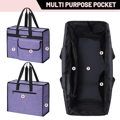 Large Utility Tote Bag with Reinforced Bottom, Waterproof Multi Pockets Beach Tote Bag for Travel, Work, School - color: Purple