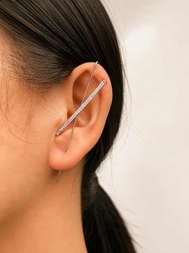 Ear Wrap Hook Earrings for Women Fashion Ear Cuff Crawler Earrings Silver Gold Long Piercing Crystal Curve Style Earring Stick Ear Wrap Earring Rhinestone Trendy Jewelry Gifts - color: slash-silver