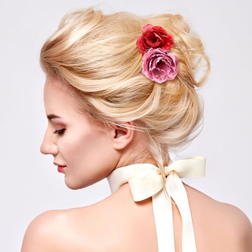 BBTO 21 Pcs Flower Hair Clip Rose Hair Clips Barrettes for Women Flower Accessories Boho Bride Claw Clip Hairpin Brooch Pin Headpiece for Wedding (Red Series) - color: Red Series