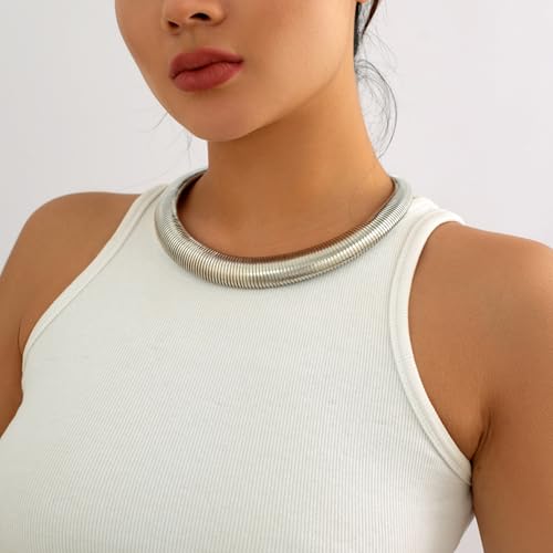 Chunky Gold Collar Choker Statement Necklace for Women Trendy | Gold Plated Layered Twist Flat Thick Snake Herringbone Chain African Torque Necklace Prom Boho Necklaces Party Jewelry Gift - style: Thick Snake Chain/Silver