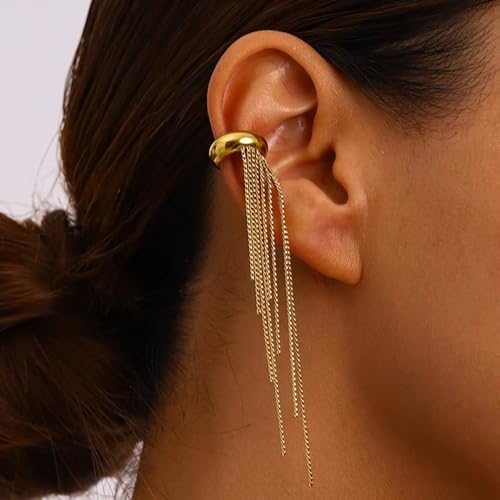 Gold Ear Cuff with Chain for Women, No Piercing Tassel Earrings, Long Chain Ear Wrap Earrings, Trendy Minimalist Jewelry Gift