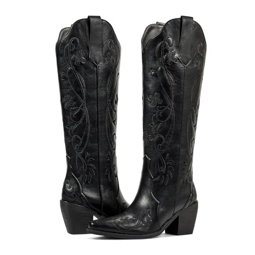 wetkiss Knee High Cowboy Boots for Women, Stable and Comfortable | Western Style,Cowgirl Boots,Versatile,Pull On,Various Occasions,Non-slip Sole,Bohemian Rural Style - color: Classic Black Floral, size: 7