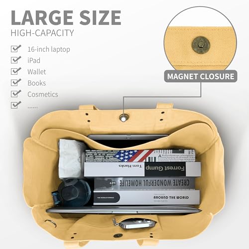 HOMESPON Large Canvas Tote Bag for Women Everything Bag with Pockets and Laptop Sleeve - color: Yellow