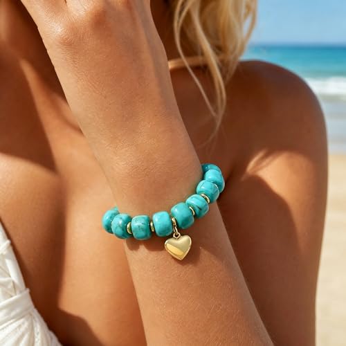 Chunky Beaded Bracelets for Women Boho Multicolor Acrylic Resin Beads Bracelet Adjustable Statement Bracelet Summer Beaded Jewelry - color: Heart beads bracelet-turquoise