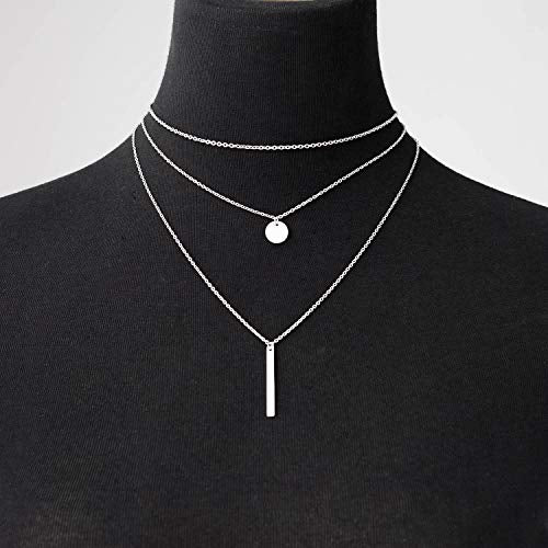 Disc Bar Pendant Layering Necklace Stainless Steel Layered Chain Choker - color: Silver