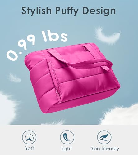 Tote Bag for Women with Zipper, Quilted Puffer Tote Bag with Compartments, Lightweight Puffy Work Bags for Women Travel - color: Raspberry Pink